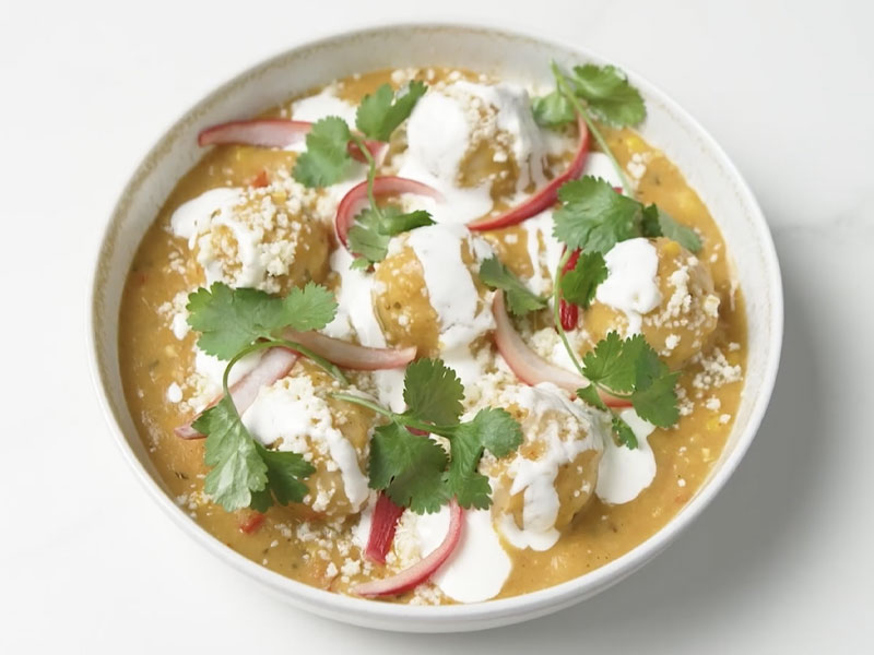 Masa Dumpling Stuffed with Cheese Poached with <em>Campbell’s® Culinary Reserve </em>Mexican Street Corn Soup featured image